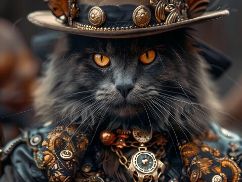 black cat with yellow eyes, Maine Coon, wearing a hat, wild west style gangster.