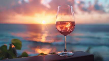 Rosé wine with ocean view in the sunset hour. Perfect summer vacation mood