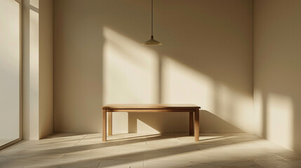 Fototapeta premium Wood table against a light beige wall with the sunlight coming in. Interior design