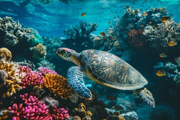 Obraz premium Turtle, Underwater wildlife panorama Coral reef with wild sea turtles , AI generated