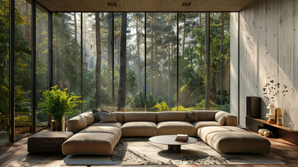 Fototapeta premium Modern living room with big window of glass and forest view 