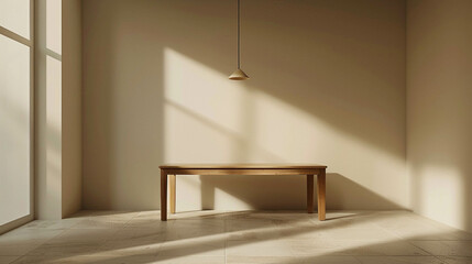Wood table against a light beige wall with the sunlight coming in