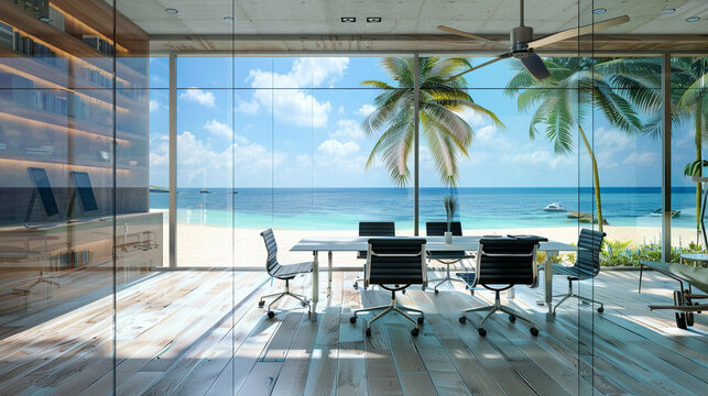 Perfect office location with the caribbean sea view. Concept photo of working with a paradisiac beach view. Clean and modern office with wooden floor