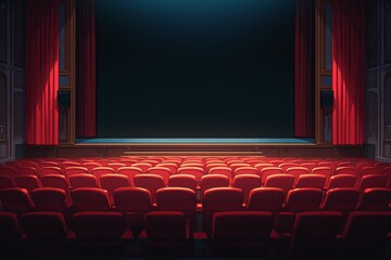 A movie theater with rows of red velvet seats, illuminated by the soft glow from an open door leading to darkness outside. 