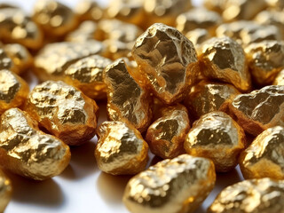 A heap of gold, a pile of raw gold stones. Golden nuggets. Golden stone on a white background....