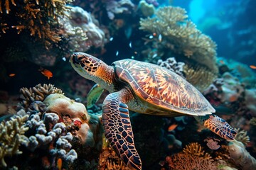Obraz premium Turtle, Underwater wildlife panorama Coral reef with wild sea turtles , AI generated