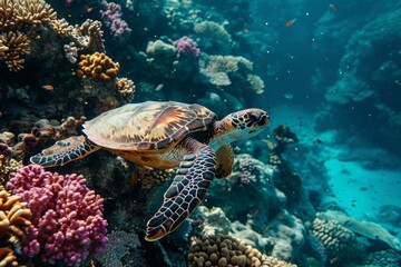 Fototapeta premium Turtle, Underwater wildlife panorama Coral reef with wild sea turtles , AI generated