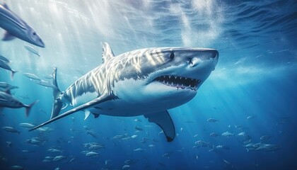 Fototapeta premium The great White Shark in the ocean, portrait of White shark hunting prey in the underwater
