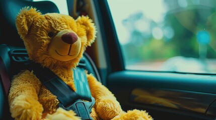 A yellow bear stuffed animal buckling up its seat belt while seated in a car and cruising down the road This image captures the essence of car seat safety travel adventure and transportatio