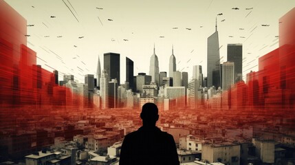 A man stands in front of a large cityscape with a red background. City noise pollution concept