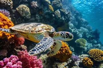  Turtle, Underwater wildlife panorama Coral reef with wild sea turtles , AI generated
