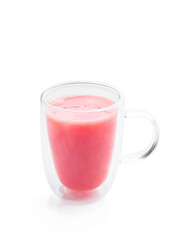 Transparent cup of strawberry milkshake isolated on white background