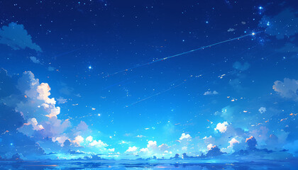 A serene night sky with fluffy clouds and stars, creating an atmosphere of tranquility and wonder. 