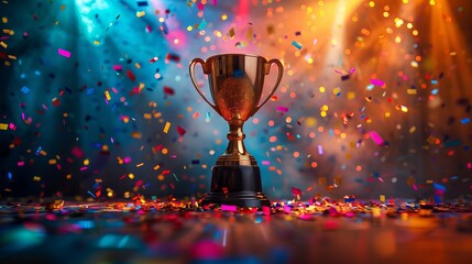 Golden Trophy Cup with Colorful Confetti, Vibrant Stage Lights and Shining Background, Symbol of Victory, Success, and Grand Celebration