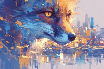 Naklejka premium A vibrant and colorful painting the head of a fox with bright colors and brush strokes creating dynamic splashes across its face. 
