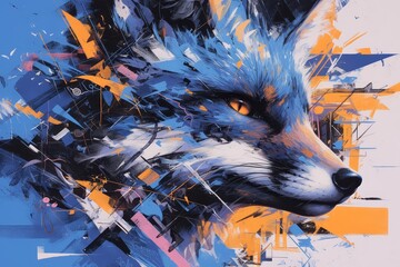 Naklejka premium A vibrant and colorful painting of an animal, with the fox's face against a background that is filled with dynamic splashes of color, creating a lively atmosphere. 