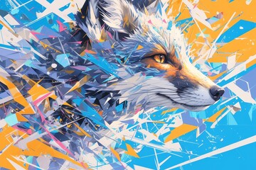 Naklejka premium A vibrant and colorful painting of an animal, with the head of a fox against a background filled with dynamic splashes of color that create an explosion effect. 