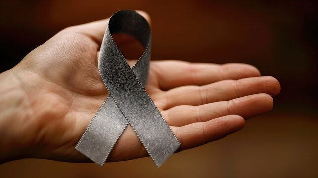 Boosting awareness for brain cancer is symbolized by a grey ribbon adorning a helping hand isolated with a clipping path signifying support for conditions like allergies Alpha 1 Antitrypsin 