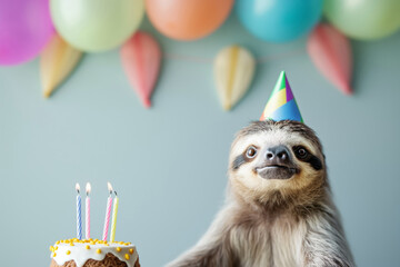 A sloth in a Birthday party hat sits by a cake with candles. Generative AI