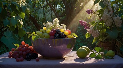 A bowl of Fresh Fruits Berries and Grapes : A Natural Harmony