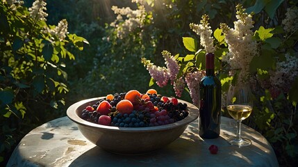 A bowl of Fresh Fruits Berries and Grapes with Wine: A Natural Harmony