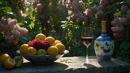 A bowl of Fresh Fruits Berries and Grapes with Wine: A Natural Harmony