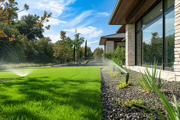 A lawn sprinkler waters the lush green grass in front of a residential building. Generative AI