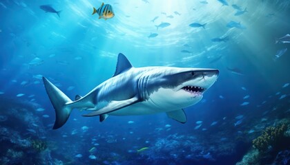 Obraz premium The great White Shark in the ocean, portrait of White shark hunting prey in the underwater