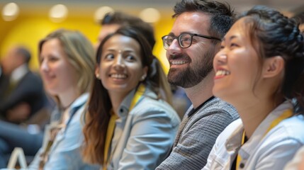 group of happy diverse people listening to business presentation at trade show event