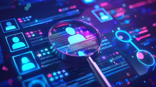 human search and online job research concept with resume employee recruitment candidate profile rating stars people avatars magnifying glass and cv document as holograms digital illustration