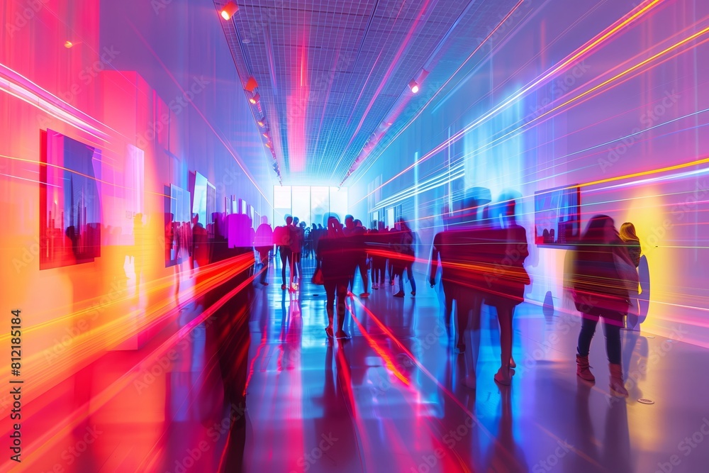 Poster futuristic tunnel with glowing lights and vibrant neon design. abstract, modern space with geometric