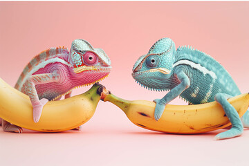 Two chameleons and a banana on a bright background, minimal concept 