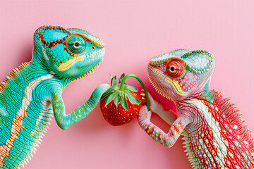 Two chameleons and a strawberry on a bright background, minimal concept 