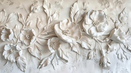 intricate floral plaster wall texture with threedimensional decorative flowers high resolution photograph