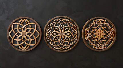 intricate handcrafted wooden celtic mandala set ornamental round wood carving artwork digital illustration