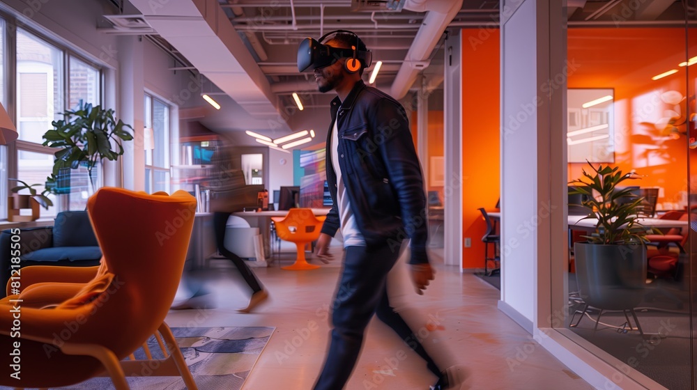 Poster young woman in office using vr headset, experiencing augmented reality for business project. modern 
