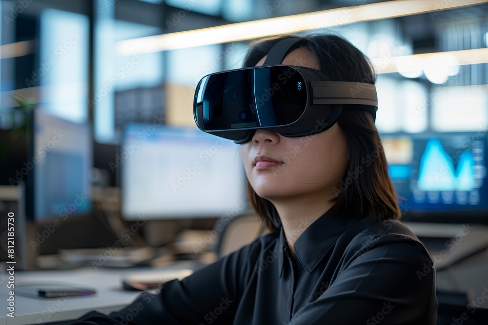 Poster Asian designer using VR headset in office, engaging in augmented reality design. Professional man with VR goggles, creating futuristic concepts. Young tech expert utilizing virtual.
