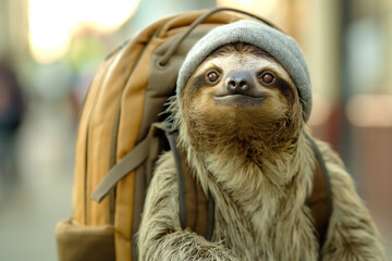 traveler. Sloth in hat with backpack Cute Terrestrial Animal. Generative AI