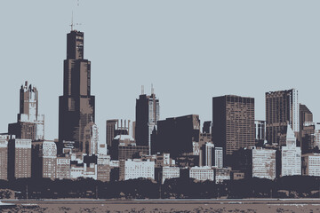 Chicago downtown skyline in 3 three color cartoon illustration. Chicago is also known as the Windy...