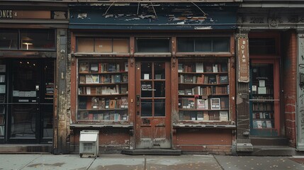 The photo shows the exterior of a vintage bookstore with a brown wooden door.