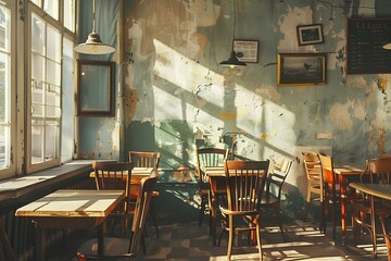 Naklejka premium Vintage interior of an old cafe with wooden tables and chairs near the windows