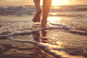 Woman walking barefoot on wet sand beach at sunset