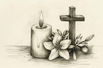 Sympathy card. Sketch. A black and white drawing of a candle, flowers, and a cross. Generative AI