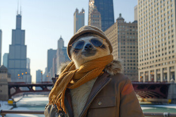 Chicago. Sloth in hat and scarf poses in front of electric blue city skyline. Generative AI
