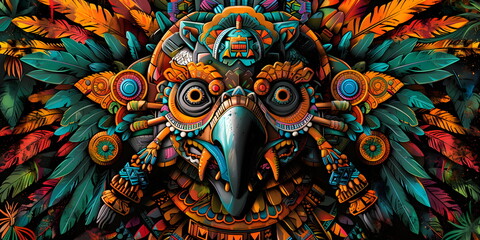 Fototapeta premium Mayan stone texture. Ancient Mayan background with totem bird in the middle. Ceramic tiles in traditional Mayan design.