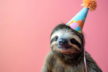 Sloth with Birthday party hat on pink background celebrating an event. Copy space. Generative AI