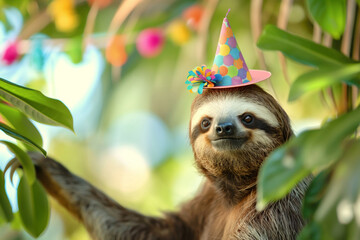 A sloth in a Birthday party hat hangs from a tree, looking festive. Generative AI