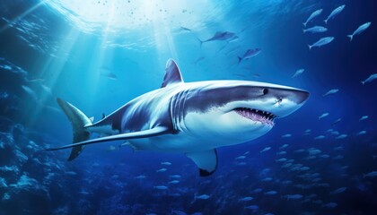 Fototapeta premium The great White Shark in the ocean, portrait of White shark hunting prey in the underwater