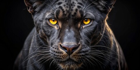  black leopard with yellow eyes in the dark, panther, the smooth black jaguar, big cat eyes