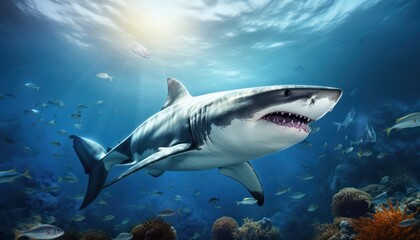 Fototapeta premium The great White Shark in the ocean, portrait of White shark hunting prey in the underwater